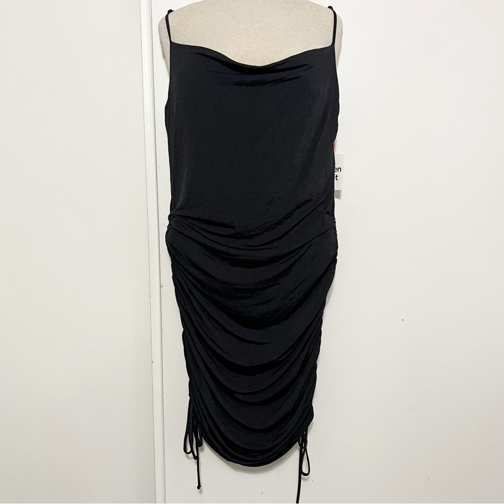 NWT Open Edit Square Neck Black Ruched Bodycon Mini Dress M - Picture 2 of 9